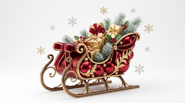 Ornate red Christmas sleigh with gold gifts, festive holiday sled with pine branches and snowflakes, luxury winter carriage on white background