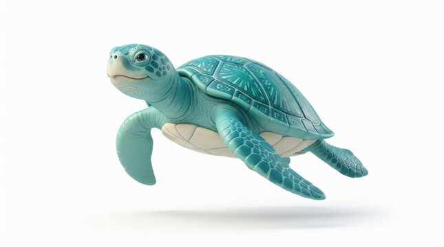 Stylized turquoise sea turtle swimming in mid-air isolated on white background for environmental awareness themes