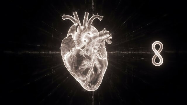 Glowing anatomical human heart with an infinity symbol on a dark background, with light streaks, representing health and longevity