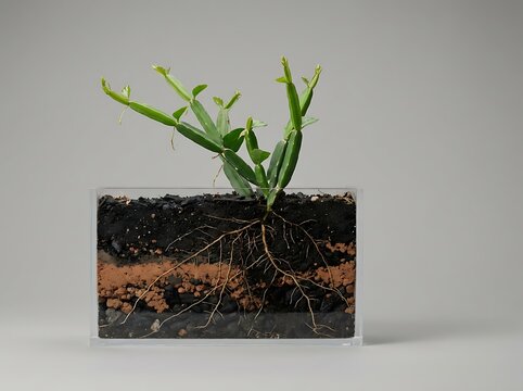Cissu quadrangularis plant growing in a transparent glass container showing detailed soil layers and root systems