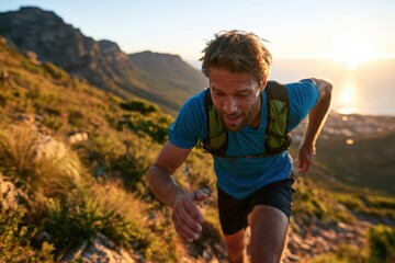 Fototapeta premium Trail runner climbing mountain path at sunrise