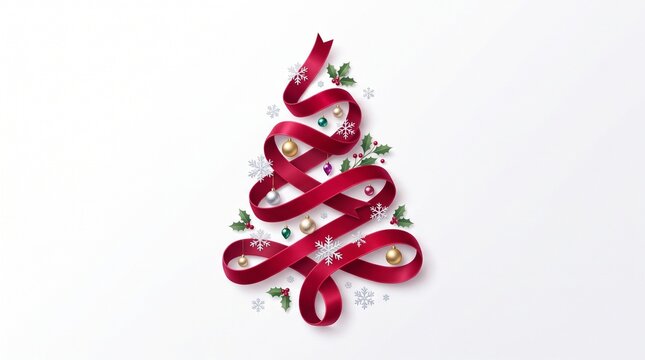 Elegant Christmas tree made of red silk ribbon, festive holiday decoration with gold baubles and snowflakes, minimalist winter greeting card background