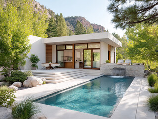 Fototapeta premium Luxurious modern glass home in Arizona features stunning pool surrounded by lush greenery and natural stone elements, creating perfect blend of elegance and nature