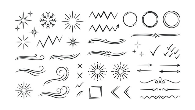 Collection of decorative elements including stars snowflakes lines arrows and shapes on white background