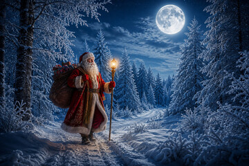Fototapeta premium Santa Claus walks through a snowy winter forest under a bright full moon, carrying a sack and a glowing staff