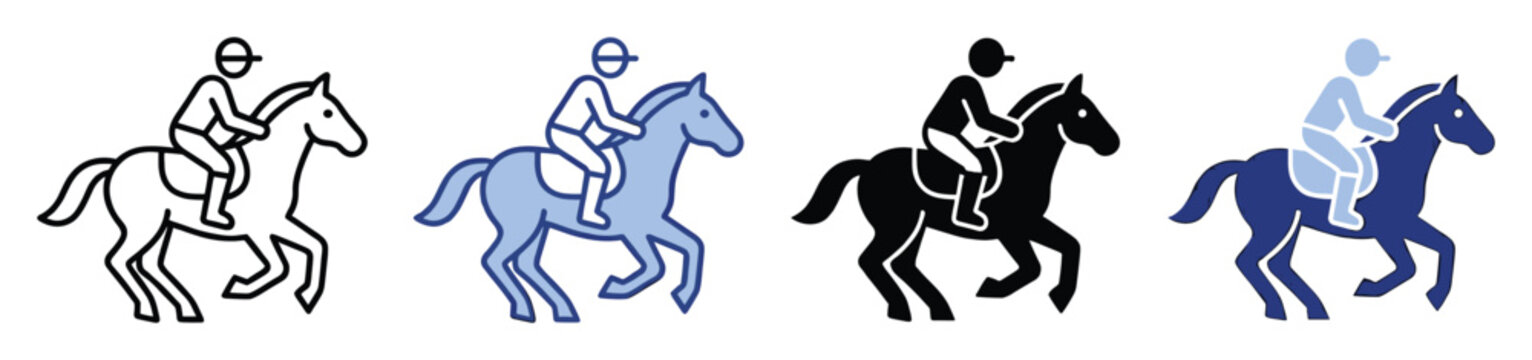 Horse racing icons showing jockey riding stallion in outline and solid style vector