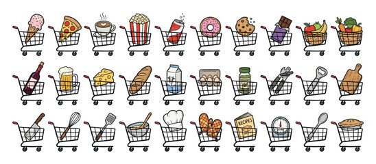 Fototapeta premium Shopping carts filled with various grocery store items including food, drinks, produce, kitchen tools and baking equipment
