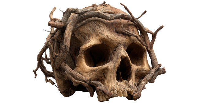 Wooden skull made from twisted dead tree branches isolated on transparent background