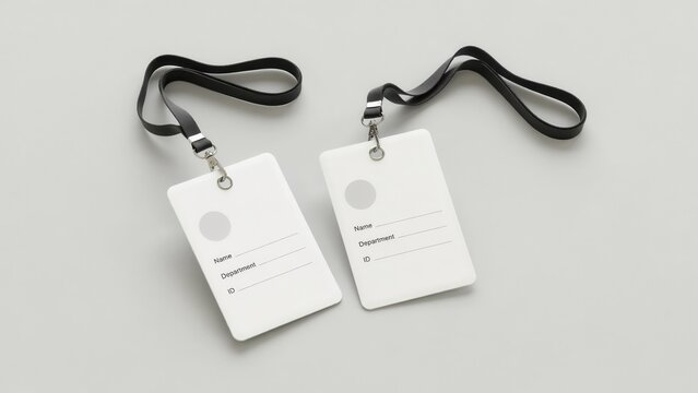 Two blank white identity badges with black lanyards on a gray background. Corporate mockup for event access and employee identification designs.