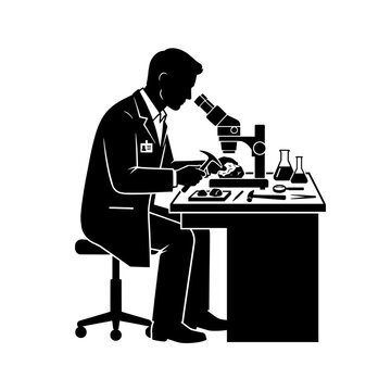 Geologist using microscope to examine rock specimen in laboratory