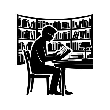 Man reading book in library silhouette vector illustration