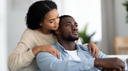 Obraz premium Woman embracing her partner from behind while he looks thoughtful at home, perfect for emotional support, comfort, and relationship concepts