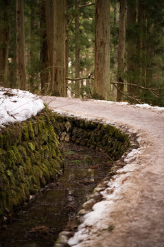 Path in winter to Jigokudani Monkey Park in the mountains of Japan. 