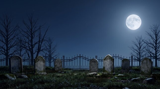 A spooky halloween background featuring an old graveyard with tombstones under a bright full moon in a dark night sky