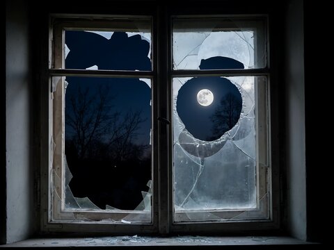 Glass window shattered and broken shows a glowing full moon at night.