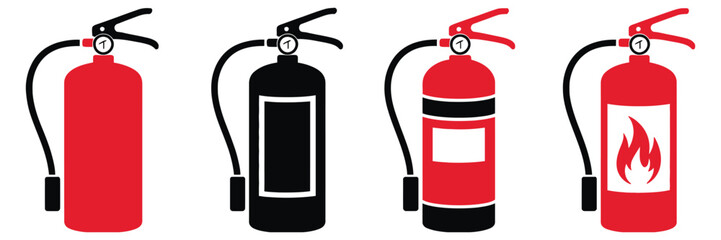 Obraz premium Fire extinguisher icon set, workplace safety fire protection and emergency equipment