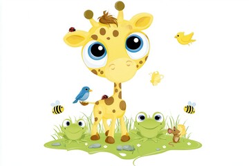 Naklejka premium Cute cartoon giraffe illustration with small animals and birds on a white background