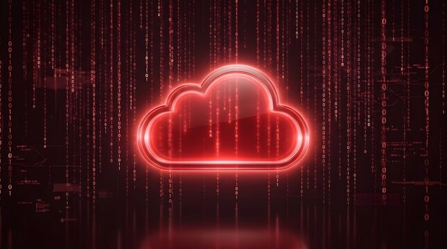Glowing red cloud icon representing cloud computing and data storage against a background of falling binary code