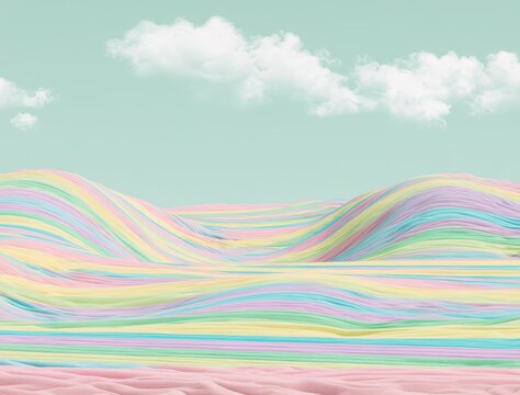 Surreal landscape with rolling pastel dunes and soft clouds in a dreamy aesthetic background.