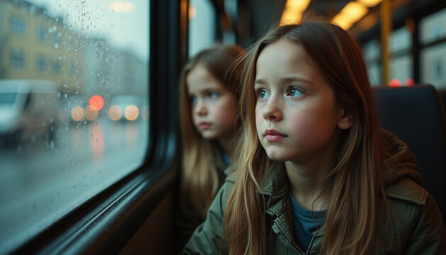 Thoughtful young girl looking out of wet bus window on a rainy day with another child in the background. Kids in school bus or public transport 