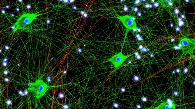 Fluorescence microscopy image of neurons and neural network connections in a laboratory