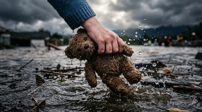 Teddy bear is held by a hand over muddy floodwaters during a natural disaster rescue operation in a village.