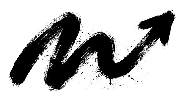 Black Curved Graffiti Arrow with Brush Stroke Style and Dripping Street Art Effect isolated on transparent background