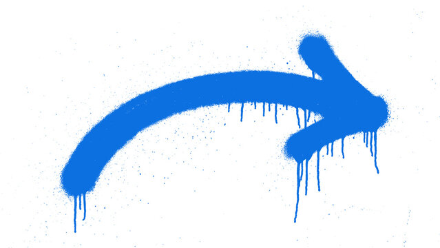 Blue Curved Graffiti Arrow Spray Paint Direction Symbol with Dripping Urban Effect isolated on transparent background