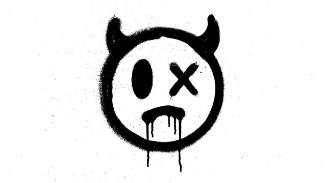 Black Devil Face Graffiti Doodle Icon with Dripping Spray Paint Street Art Style isolated on transparent background