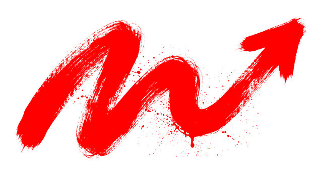 Red Curved Arrow Brush Stroke with Dynamic Direction Symbol and Artistic Paint Effect isolated on transparent background