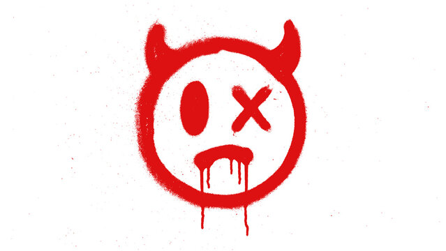 Red Devil Face Graffiti Doodle Icon with Dripping Spray Paint Street Art Style isolated on transparent background