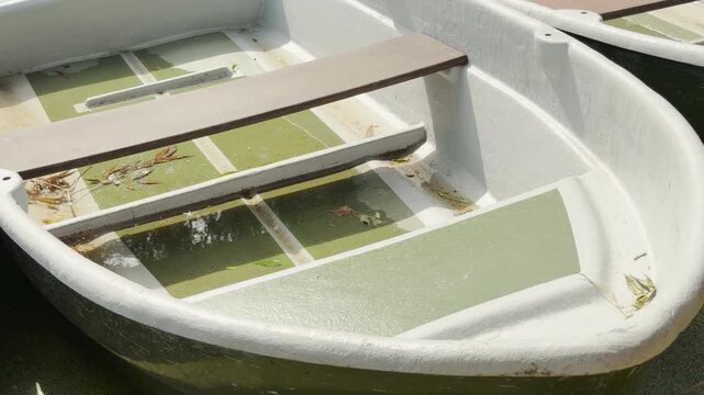 A small empty rowboat rests quietly on a calm water surface. Its wooden seat and green interior create a peaceful, relaxing, and serene atmosphere in the park.