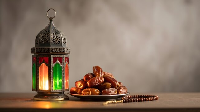 Traditional metal lantern with glowing light next to a plate of sweet dates for ramadan celebration
