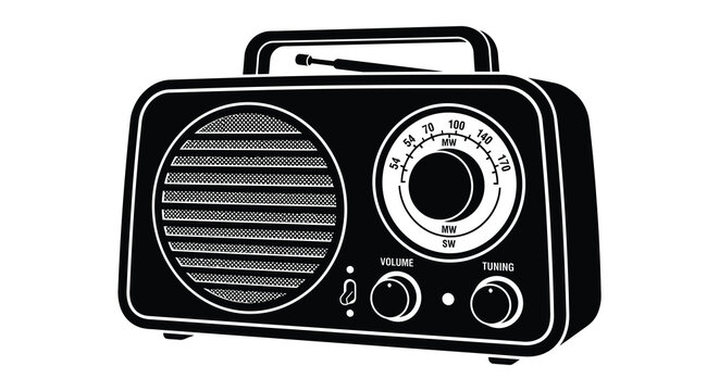 Vintage transistor radio with tuning dial and volume control black silhouette