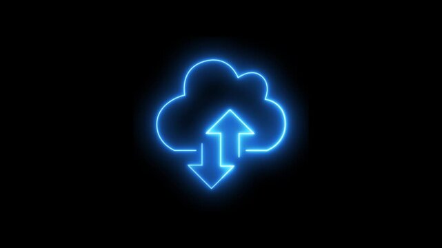 Glowing blue neon cloud transfer animation with upload and download arrows on black background, cloud computing, data storage, or network hosting