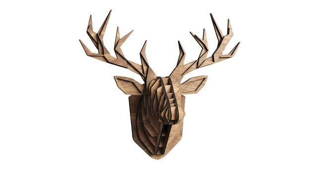 Geometric wooden deer head trophy for wall decoration.