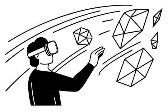 Person using virtual reality headset interacting with 3D geometric shapes