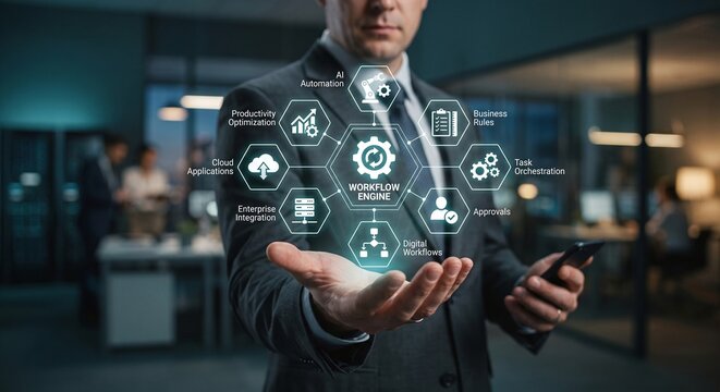 Corporate manager presenting a holographic workflow engine and task orchestration dashboard.
