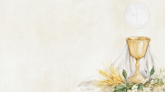 Watercolor Eucharist chalice and host illustration for Christian religious ceremony background