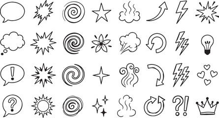 Obraz premium Doodle set of comic book elements, hand drawn vector icons, black outline illustration for design and speech bubble concept