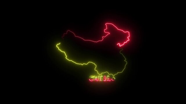 Glowing neon CHINA MAP animation with yellow and Red color on black background. Free and premium.
