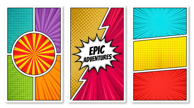 Comic book page templates with Epic Adventures text. Pop art vertical layouts with halftone dots and sunburst effects. Colorful graphic novel panels.