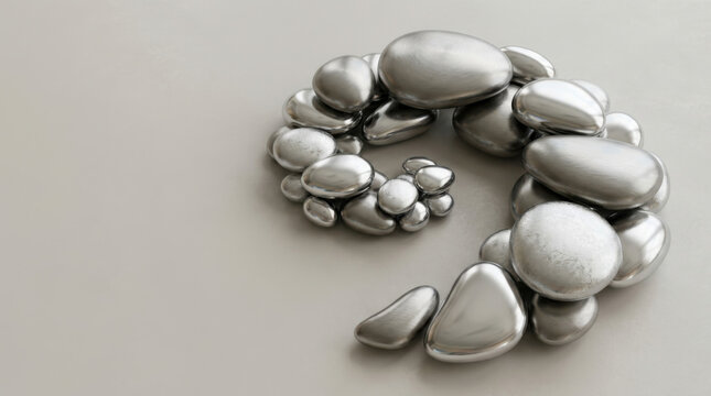 A spiral formation of smooth metallic silver stones arranged on a light gray background.