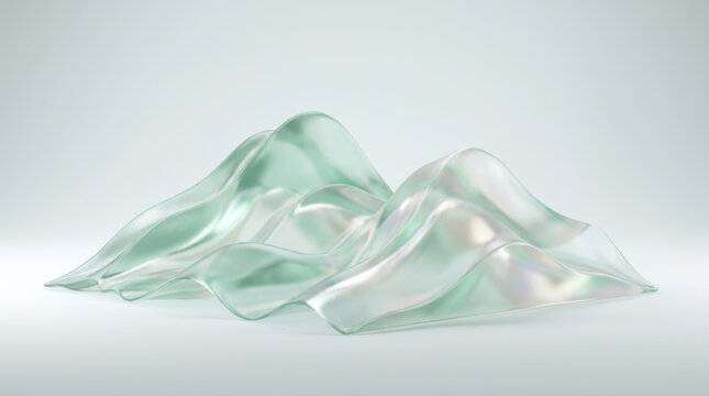 Abstract composition of flowing translucent glass waves on a clean white background.