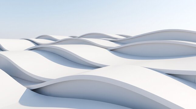 Abstract minimalist white architectural curved roof panels overlapping under bright clear sky