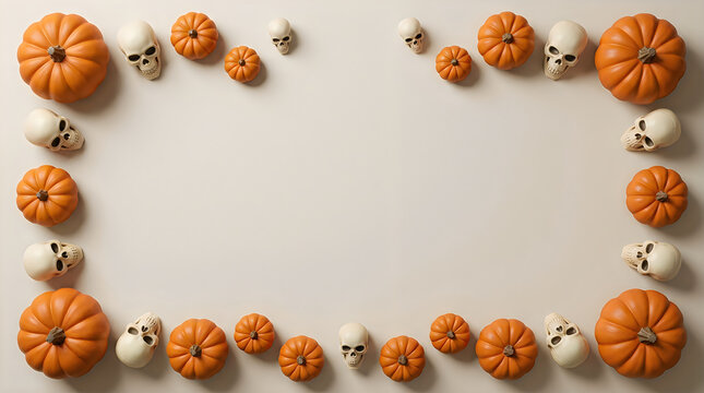 Halloween border made of small orange pumpkins and green skulls with copy space for text