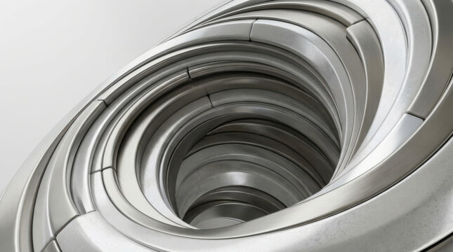 Abstract metallic spiral structure with concentric circular layers and depth.