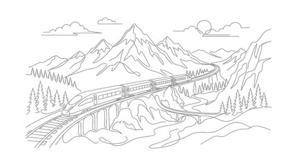 Fototapeta premium High-speed train on a bridge in a mountainous landscape, line art illustration