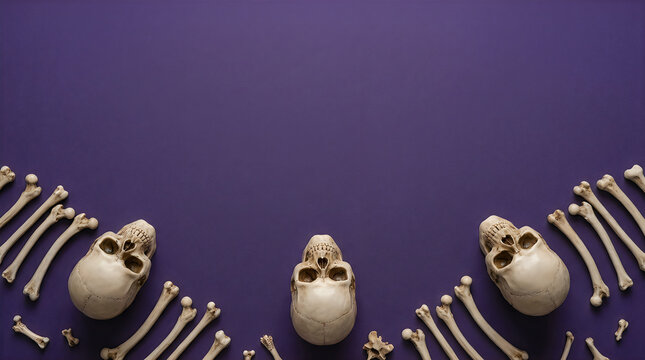Three spooky human skulls with bones arranged in a border pattern on a dark purple background