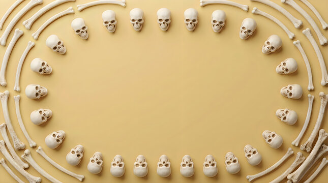 Pattern of many human skulls and bones arranged in an oval frame on a light orange background